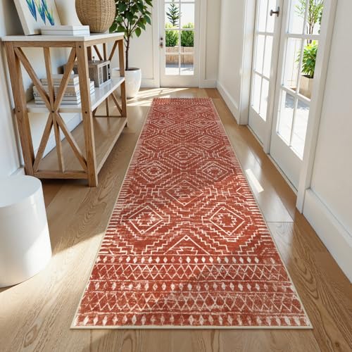 Wonnitar Moroccan 2'6"x8' Hallway Runner Rug, Washable Long Farmhouse Laundry Room Rug Runner, Non-Skid Boho Tribal Geometric Floor Carpet Runners for Kitchen Entrance Bathroom (Brown,2'6"x8') - color: Rust, size: 2'6" x 8' (Runner)