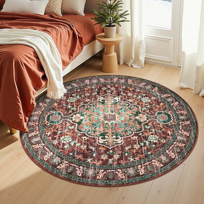 U'Artlines Boho Round Area Rug 4ft Machine Washable Carpet, Rust＆Teal - color: Rust＆teal, size: 4' (Round)