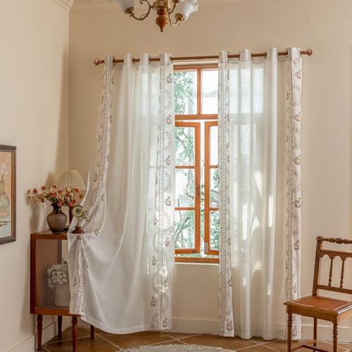 Beige Floral Linen Blend Grommet Curtains, 2 Panels - color: Brown, size: 55"W x 63"L (Pack of 2)