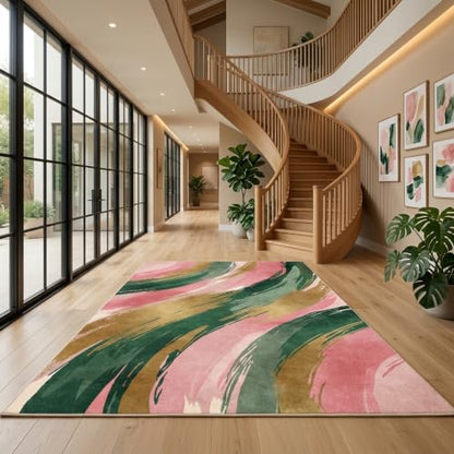 8x10 Pink and Green Area Rug, Modern Abstract Brushstroke Design - color: Pink/Green/Gold, size: 8' x 10' (Rectangular)