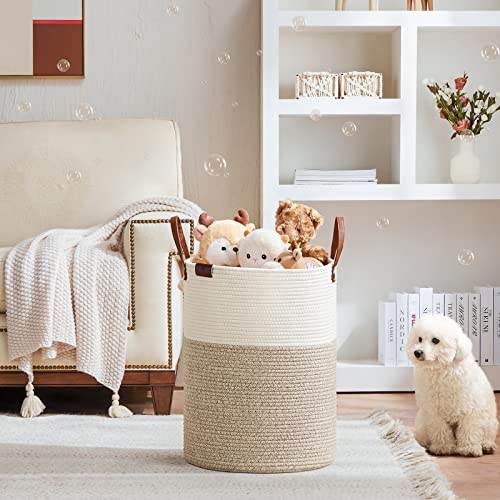 VIPOSCO Tall Laundry Basket, Large Dirty Clothes Hamper with Leather Handle, Woven Rope Storage Basket for Blanket, Toy In Living Room, Bathroom, Bedroom - 58L White & Brown - color: Brown, size: 58L