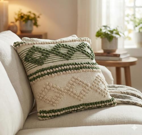 TreeWool 100% Cotton Woven Throw Pillow Cover (Pack of 1, 18" x 18", Green) - color: Green