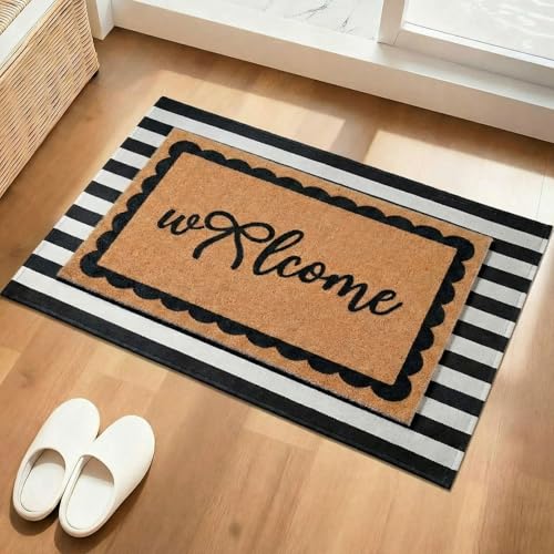 Tinideya 2 Pcs Black and White Outdoor Mat Stripe Front Door Welcome Mat - color: Black,white