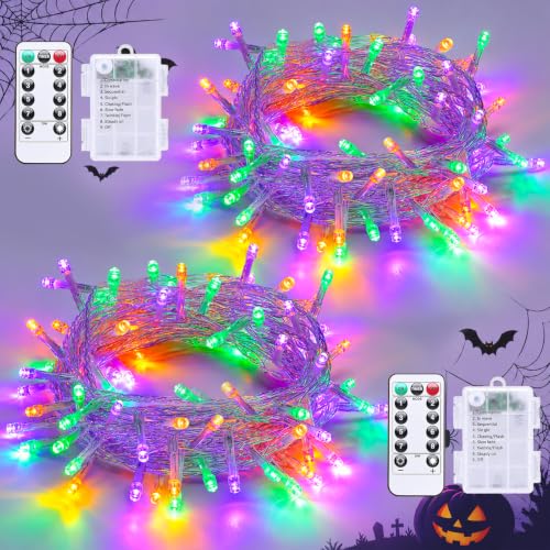 QITONG 2 Pack Battery Operated Halloween Lights, Each 33ft 100 LED - color: Purple Orange and Green, size: 2Pack