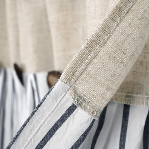 DOSLY Ides Farmhouse Rustic Cotton Valance Curtain, Navy Blue Striped Pleated Design with Coconut Buttons, Multi-Room Window Treatment for Kitchen Living Room Bedroom, 52x18 Inch - color: Linen & Blue Striped, size: 52"W x 18"L (Pack of 1)