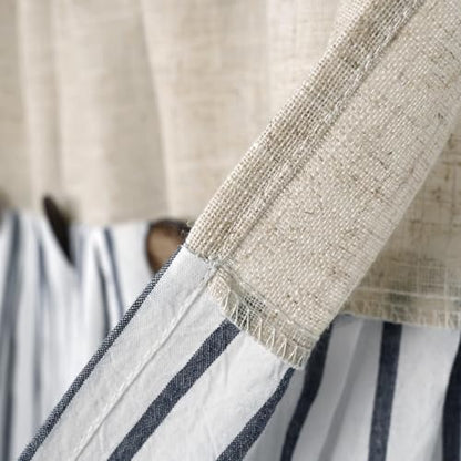 DOSLY Ides Farmhouse Rustic Cotton Valance Curtain, Navy Blue Striped Pleated Design with Coconut Buttons, Multi-Room Window Treatment for Kitchen Living Room Bedroom, 52x18 Inch - color: Linen & Blue Striped, size: 52"W x 18"L (Pack of 1)