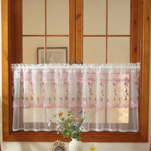 2 Panels Pink Rose Kitchen Tier Curtains 24 Inch Length, Double-Layered Lace Floral Embroidered Small Cafe Curtain, Light Filtering Short Curtains for Living Room Bathroom(Pink,55"x24") - color: Pink, size: 55"W x 24"L (Pack of 2)