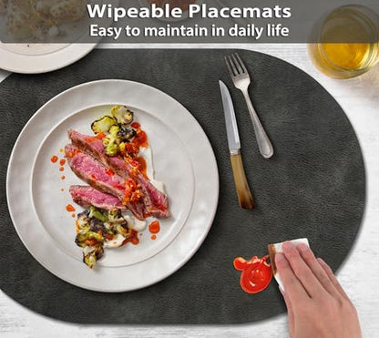 ADRIMER Oval Placemats Set of 6, Wipeable Faux Leather, Dark Grey - color: Dark Grey