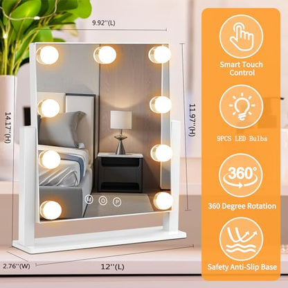 Dirket Vanity Mirror with Lights, Hollywood Lighted Makeup Mirror with 3 Color Lighting Modes and 9 Dimmable Bulbs, Detachable 5X Magnification, Smart Touch Control, 360°Rotation, White - color: 9 Bulbs