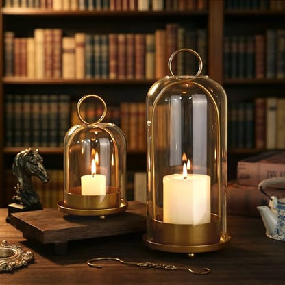 5"&4" Hurricane Glass Candle Holder Set - Hanging Pillar Candle Lantern with Glass Chimney, Metal Frame for Wedding Centerpieces Dining Table Mantel Holiday Home Decor