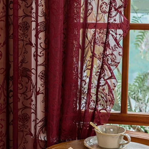 TUDECO Sheer Burgundy Curtains for Bedroom 2 Panels Set - Romantic Floral Branch Wine Red Lace Curtains 72 Inch Length, Embroidered Ruffle Window Treatment Vibrant Home Decor, 59 x 72 Inch, Maroon - color: Burgundy, size: 59"W x 72"L (Pack of 2)