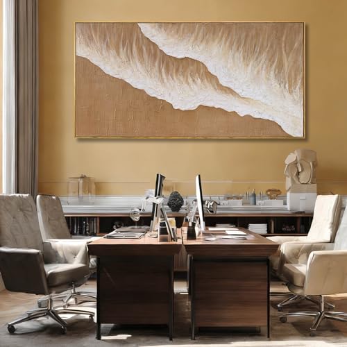 ZENPEE Hand Painted Abstract Wall Art in Brown and White, 29 x 58 Inch Large Horizontal Canvas Painting for Living Room Above Sofa - color: Beige, size: 58"L x 29"W
