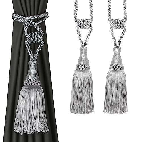 BEL AVENIR 2 Pack Tassel Curtain Tiebacks Handmade Holdbacks (Silver) - color: Silver, size: 2 Pack