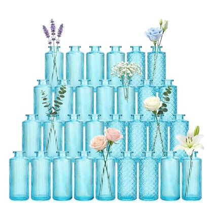 Glass Bud Vases 30 Pack, Small Blue Flower Vases for Centerpieces in Bulk - color: Blue