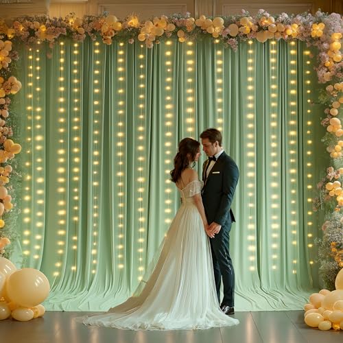 20 x 10ft Sage Green Backdrop Curtains with Lights String - color: Sage Green, size: W5' x H10'(4 panels)