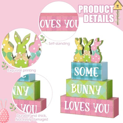 4 Pcs Easter Bunny Table Sign Wooden Table Decor Farmhouse Holiday Sign Easter Tabletop Centerpieces Spring Wood Blocks Tiered Tray Decor for Home Kitchen(Dot Bunny) - style: Dot Bunny