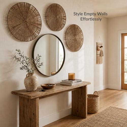 PEMAR Handwoven Jute Wall Hanging Baskets, Set of 3 Round Woven Wall Decor (22", 19", 15"), Decorative Wall Accents for Living Room, Bedroom and Entryway