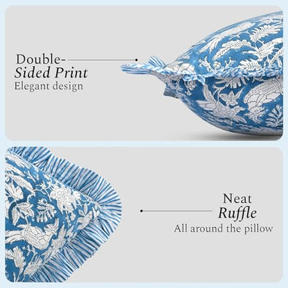 CPC Blue Sapphire Block Print Ruffle Pillow Cover 18x18 Inch, Pack of 2 - color: Blue Sapphire, size: 18" x 18" (Pack of 2)