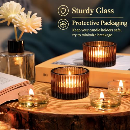 24 Pack Amber Tealight Candle Holders, Glass Votive Candle Holders - color: Amber, size: 1.3" x 2"