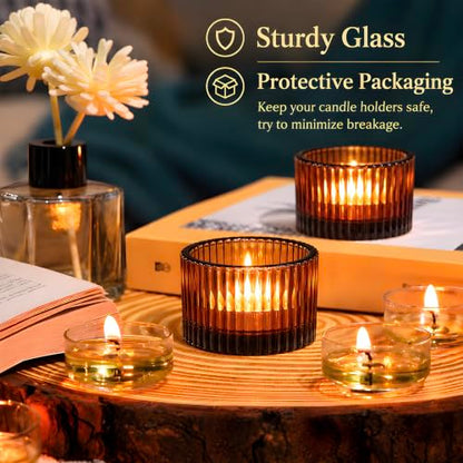 24 Pack Amber Tealight Candle Holders, Glass Votive Candle Holders - color: Amber, size: 1.3" x 2"