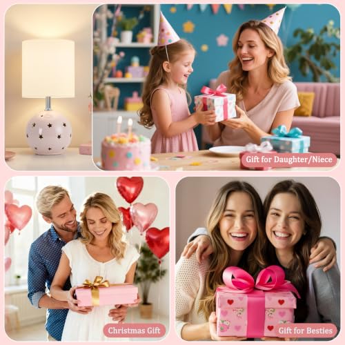 Small Table Lamp, 14" Pink Ceramic Bedside Lamp for Girls Kids Bedroom,Dorm - color: Pink