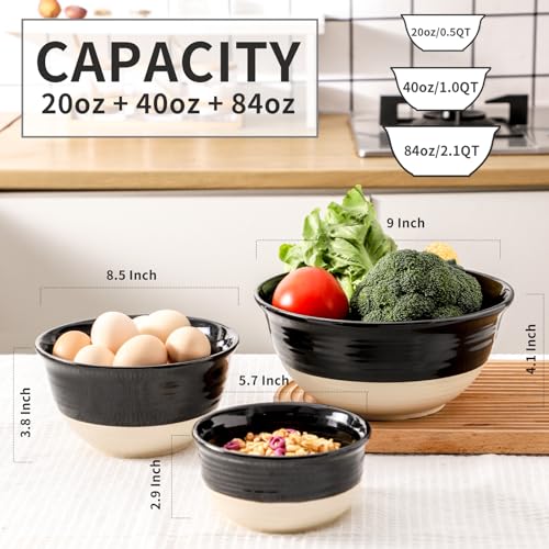 HASENSE Ceramic Mixing Bowls Set of 3, 84/40/20 Oz Black & Beige Stoneware Bowls, Farmhouse Bowls for Salad, Soup, Cooking Baking Serving Food, Nesting BowlsDishwasher & Microwave Safe - color: Black, size: 84+40+20 oz