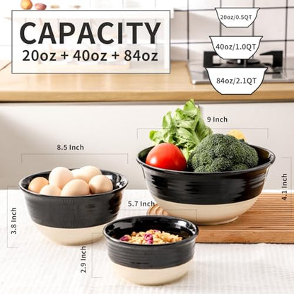 HASENSE Ceramic Mixing Bowls Set of 3, 84/40/20 Oz Black & Beige Stoneware Bowls, Farmhouse Bowls for Salad, Soup, Cooking Baking Serving Food, Nesting BowlsDishwasher & Microwave Safe - color: Black, size: 84+40+20 oz