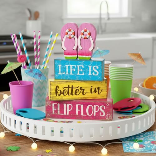 Yuntau 4 Pcs Summer Flip Flop Decor Wooden Beach Table Centerpiece Sign - style: Pink Flip Flops