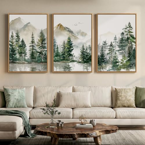 Framed Forest Mountain Wall Art for Living Room, 3 Piece Green Pine, 24x36 - color: Green White, size: 24" W x 36" H x 3Pcs