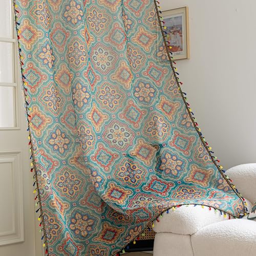 Blue Geometric Sheer Curtains 63 inch Long, Fringed Edges and Textured Semi Sheer Curtains Large Window Treatments for Living Room/Bedroom, 2 Panels - color: Blue Geometry, size: 52"W x 63"L (Pack of 2)