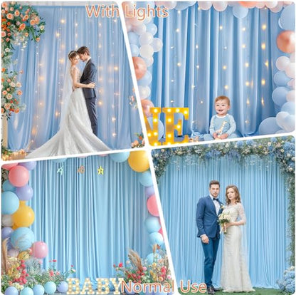 20 x 10ft Baby Blue Backdrop Curtains with Lights String - color: Baby Blue, size: W5' x H10'(4 panels)