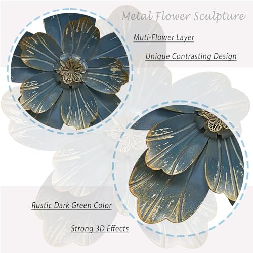 Metal Flower Wall Sculpture, 9.5" Retro Blue Rustic Modern Floral Artwork - color: 02A-Retro blue
