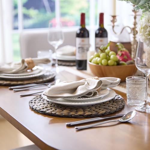 6 Pack, Round Woven Placemats, Natural Water Hyacinth Wicker Place mats, Braided Straw Table Mats for Dining Table, Fall, Halloween, Thanksgiving, Christmas, Black (13.8 inch) - color: Black (Set of 6)
