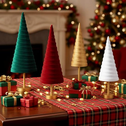 Hoolerry 4 Pcs Christmas Velvet Trees with Gold Pedestal, Classic Xmas - color: Classic Xmas