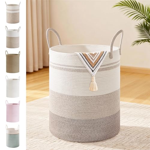 53L Tall Cotton Rope Laundry Basket with Handles, Brown Striped - color: Brown Striped, size: 53L