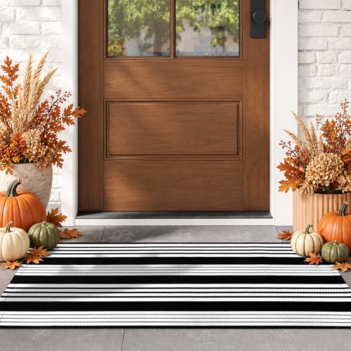 LEEVAN 2'X4.3' Black and White Striped Woven Cotton Reversible Outdoor Rug - color: Black Strip, size: 2' x 4'3"