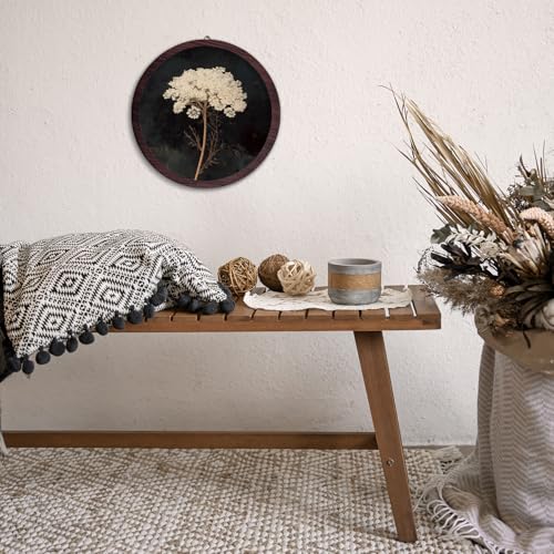 XDFVL Vintage White Flowers Wall Hanging Prints Frame, Dark Rustic Round Wooden Prints, Cottagecore Botanical Flower Wooden Walls for Home Bedroom Living Room Decor, 10x10 Inch - color: white flower