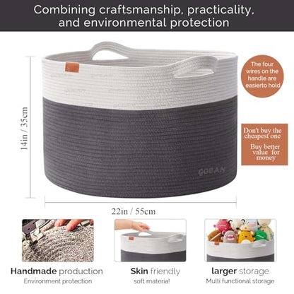 Cotton Rope Woven Laundry Basket 22"X 22"X 14" with handles(Grey/Beige)XXXL - color: Grey/Beige