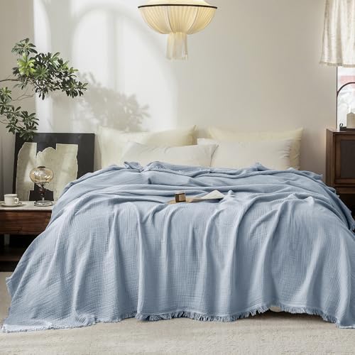 FOSSA Muslin Blanket 4-Layer 100% Cotton Gauze Blanket with Fringe 90"x90" - color: Cornflower Blue, size: Queen (90" × 90")