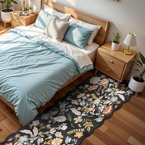 2x8ft Scalloped Hallway Runner Rug: Washable Floral Kitchen Runner Black - color: Black, size: 2' x 8' (Runner)