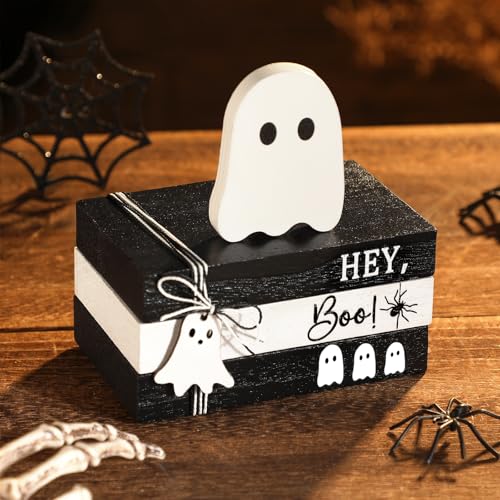 GlikCeil 4 Pcs Halloween Ghost Table Decorations Spooky Wooden Signs,White - color: Black and White