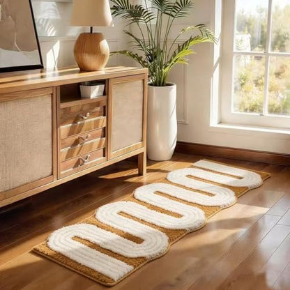 Geometric Design Boho Runner Bathroom Rugs, Long Scalloped Cute Bath Mat Non Slip for Bedroom Kitchen Hallway Laundry Room, Funky Retro Farmhouse Bath Rug Washable, Mustard Yellow, 51"x20" - color: Yellow, size: 1'8" x 4'3" (Rectangular)