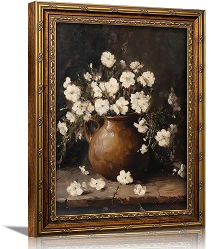 3D Textured Canvas Wall Art Vintage Carved Gold Frame Vintage Rustic Farmhouse Floral White Floral Still Life Brown Pitcher Flower Relief Poster Print Artwork for Living Room Bedroom Home Decor - color: Framed Palm flowers, size: 16"L x 12"W