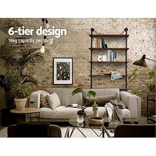 Industrial Pipe Bookshelf, 6 Layer Rustic Modern Wood Ladder Shelf with Metal Frame, Home Decor, Display Shelving, Retro Floating Shelving, 35.4x9.8x79in, 10-20lbs, Pine