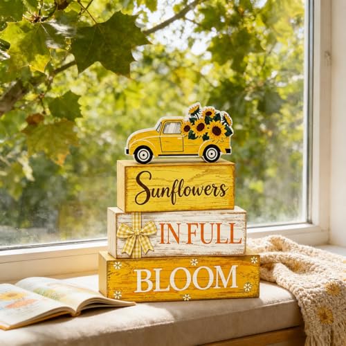 4 Pcs Summer Sunflower Table Decor, Wooden Sunflower Tiered Tray Decor with Truck, Rustic Farmhouse Yellow Block Tabletop Centerpiece for Home Kitchen Office Coffee Bar Fireplace Mantel Floating Shelf - style: Car