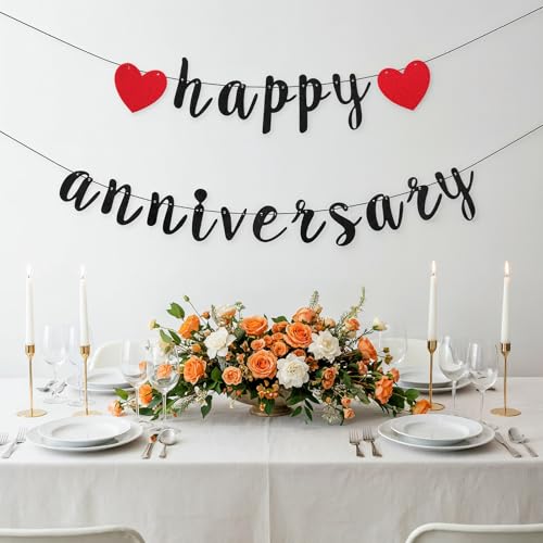 Black Happy Anniversary Banner, Anniversary Party Decorations