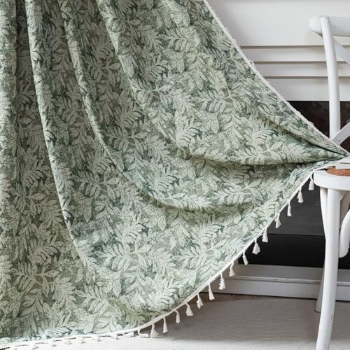 ENJOYBRIDAL Green Leaf 63 Inch Curtains 2 Panel Set Farmhouse Short Drapes Semi Sheer Rod Pocket Bedroom Rustic Window Curtain Panels Living Room Boho Aesthetic Country Tassel Window Treatments - color: B Jacquard Green Leaves, size: 52"W x 63"L (Pack of