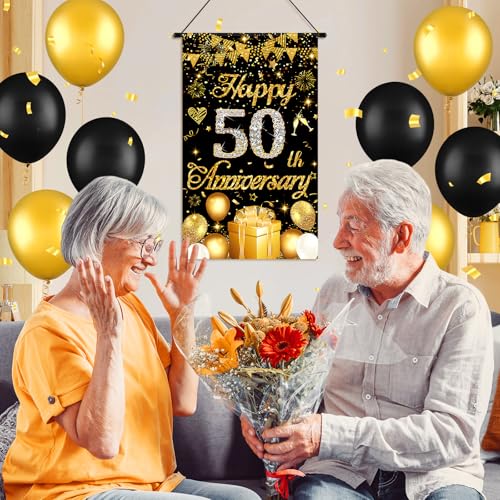 50th Anniversary Decorations Small Banner Black Gold Happy 50th Anniversary Door Hanging Banner Porch Front Door Decor for Women Men 50 Years Silver Wedding Anniversaries Party Cruise Sign Supplies - color: Black gold
