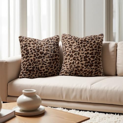 Cheetah Pillow Covers 18x18, Faux Fur Leopard Print Pillow Cases Set of 2 - size: 18" x 18" (Pack of 2)