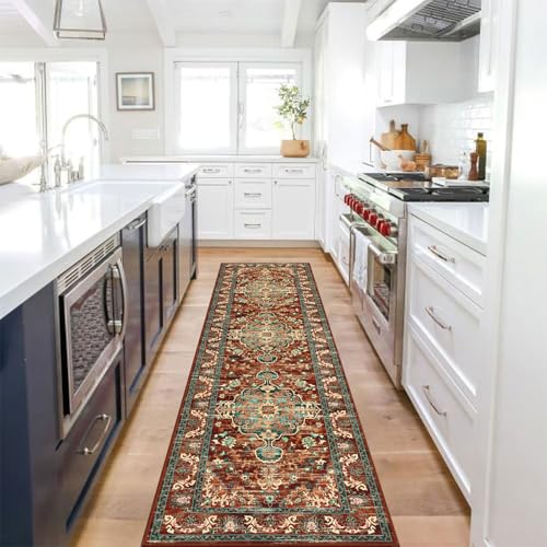 U'Artlines 2' x 8' Boho Hallway Runner Rug, Washable Carpet, Rust＆Teal - color: Rust＆teal, size: 2' x 8' (Runner)